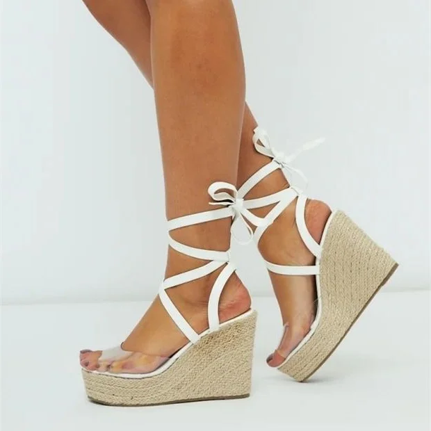 White Strappy transparent PVC Platform Wedge Sandals |FSJ Shoes