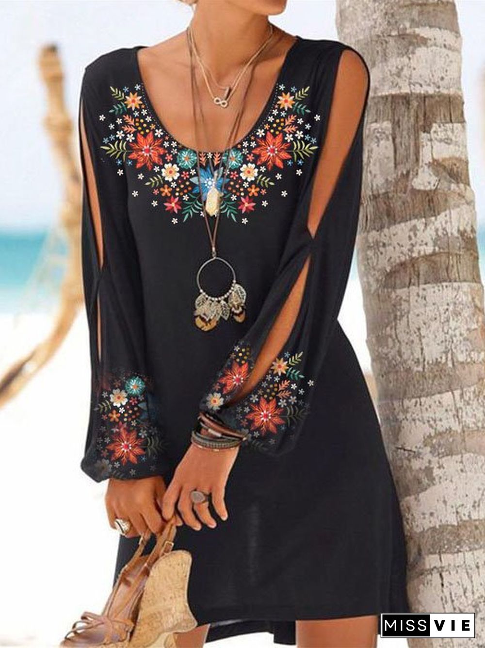 Cotton-Blend Floral Vintage Long Sleeve Weaving Dress