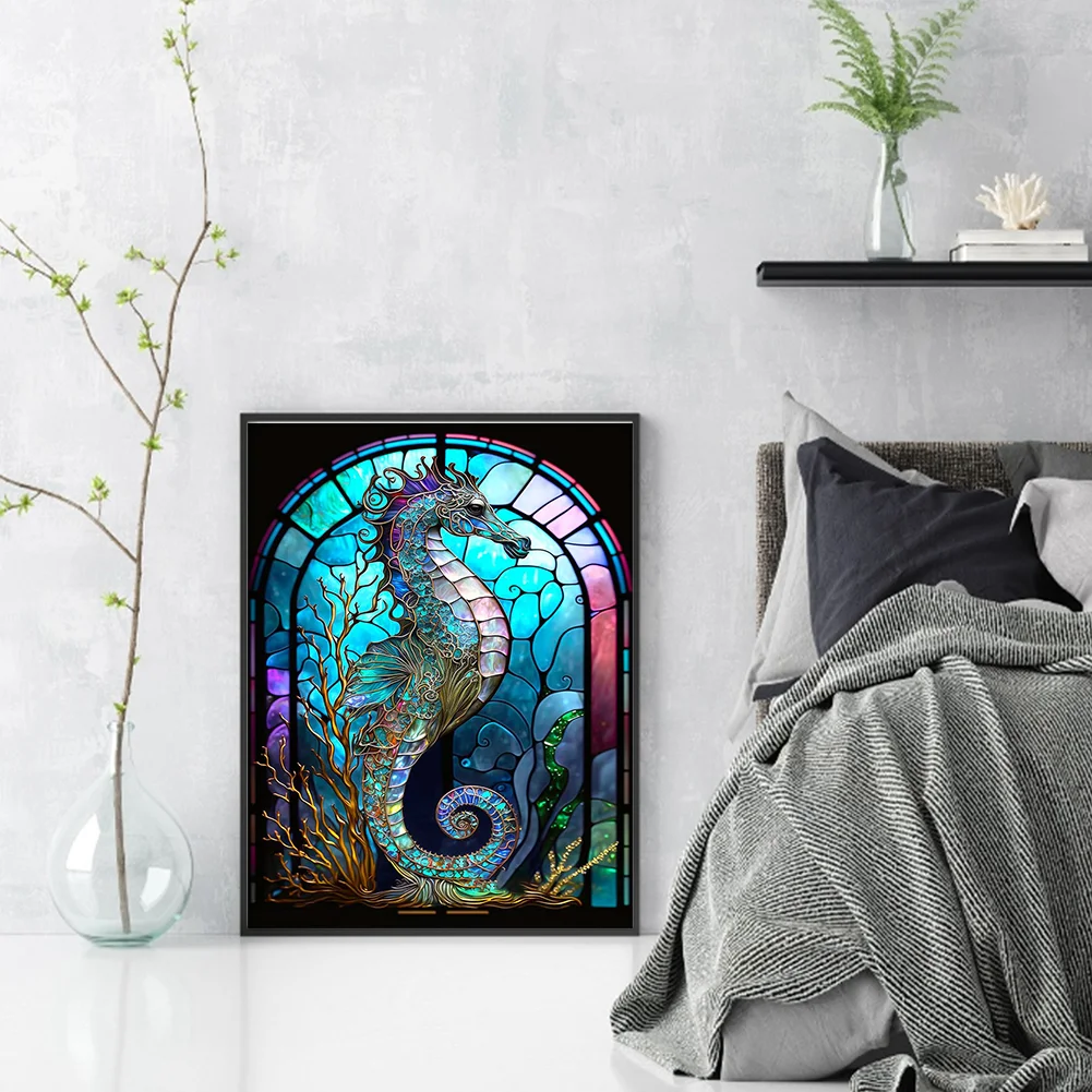 14CT Full Stamped Cross Stitch - Stained Glass Hippocampus(Canvas|50*65CM)