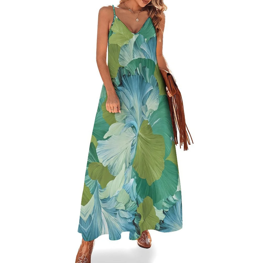 Style & Comfort for Mature Women Plus Size Printed Sling Casual Women Maxi Dress in Pattern Petals, Green, Blue
