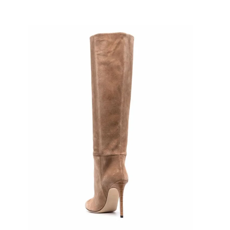 100mm/3.94 Inch Suede Women's Knee High Heel Boots Side Zipper Long Boots-MERUMOTE