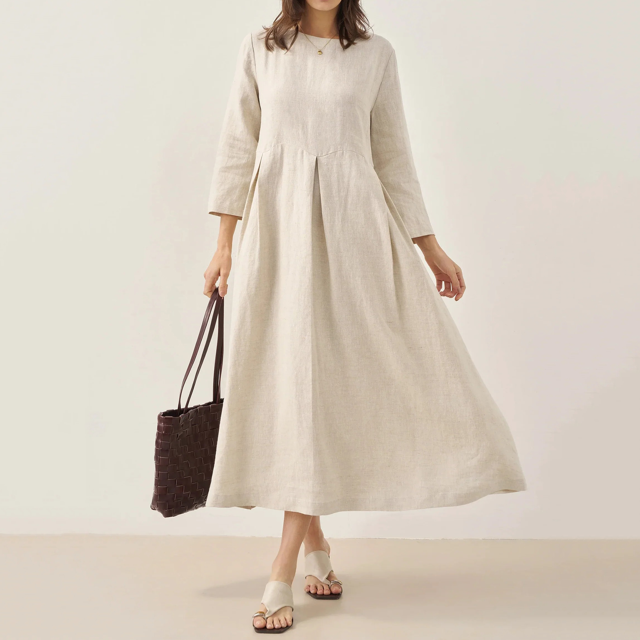 Comstylish Women's Solid Color Cotton And Linen Classic Dress
