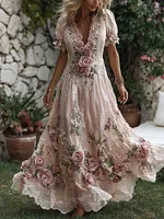 Women's Retro Pink Rose Embroidered Art V-neck Short Sleeve Midi Dress