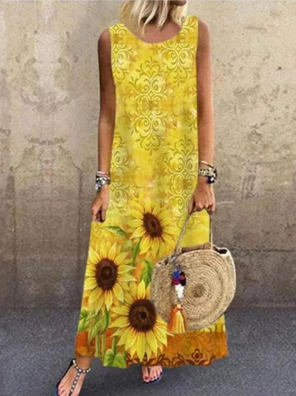 Sunflower print round neck sleeveless dress