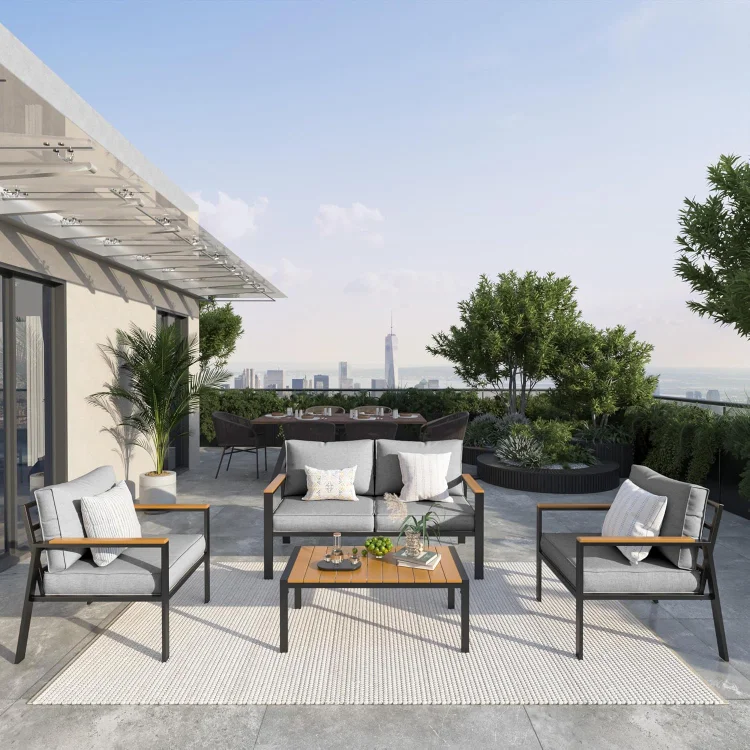Metal Outdoor Patio Furniture Set, Modern Outdoor Conversation Furniture Sets w/Coffee Table, 4 Piece Outside Furniture with Thick, Washable and High-Resiliency Sponge Cushions