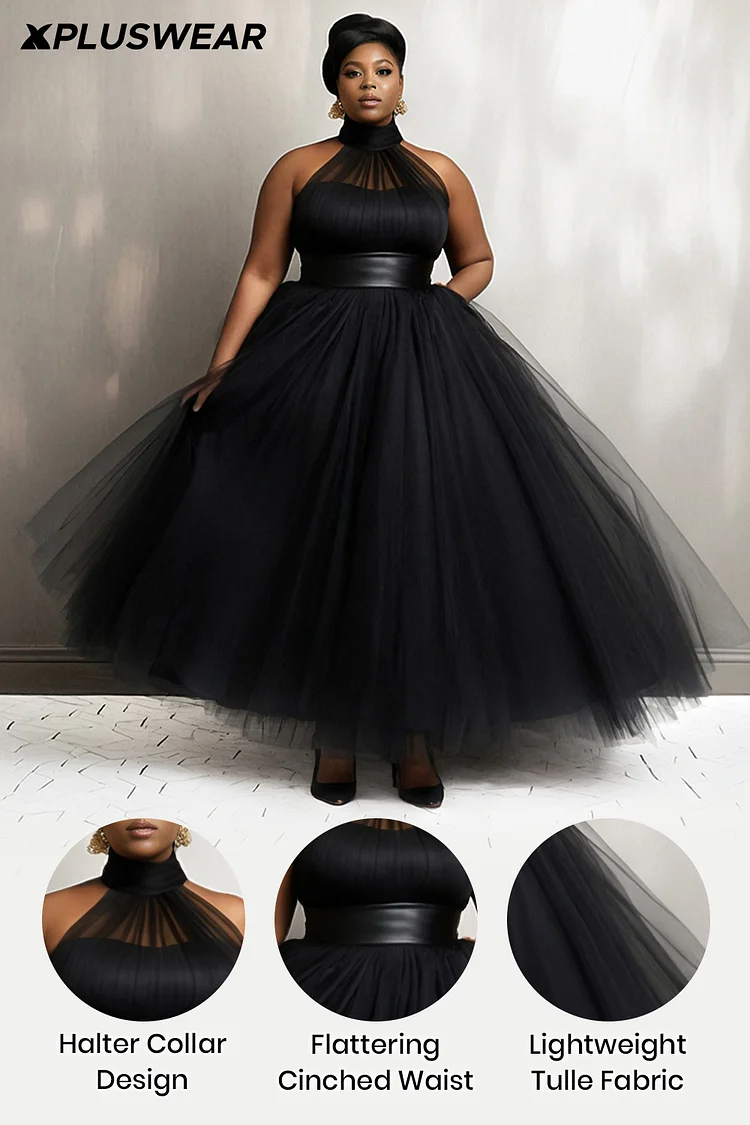 Xpluswear Design Plus Size Wedding Black Halter Collar Tulle Maxi Dresses [Pre-Order]