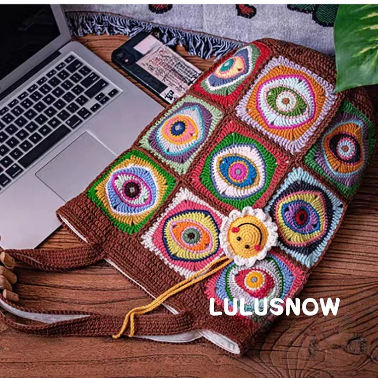 【Flash Sale:50%OFF+Free Shipping】Lulusnow Handmade Khaki Evil Eye Fashion Granny Square Crochet Tote Bag Shoulder Bag 