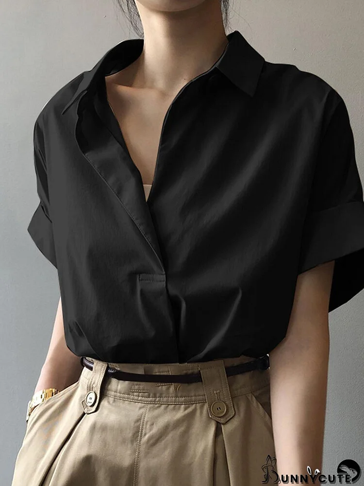 Women Solid Color Lapel Casual Short Sleeve Shirt