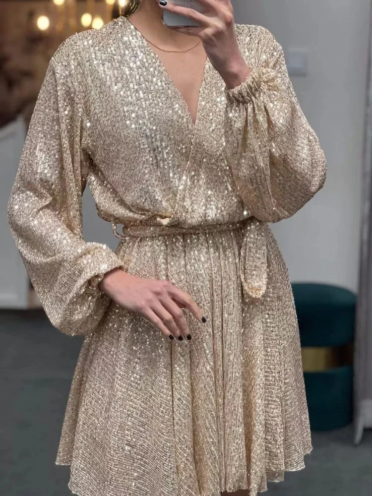 Women's V-neck Beaded Skirt Sequined Party Nightclub Dress Party Temperament Elegant Sexy Evening Dress
