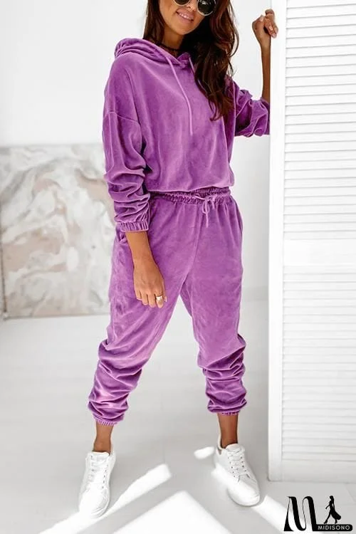 MidiSono - Velvet Drawstring Hooded Joggrt Set