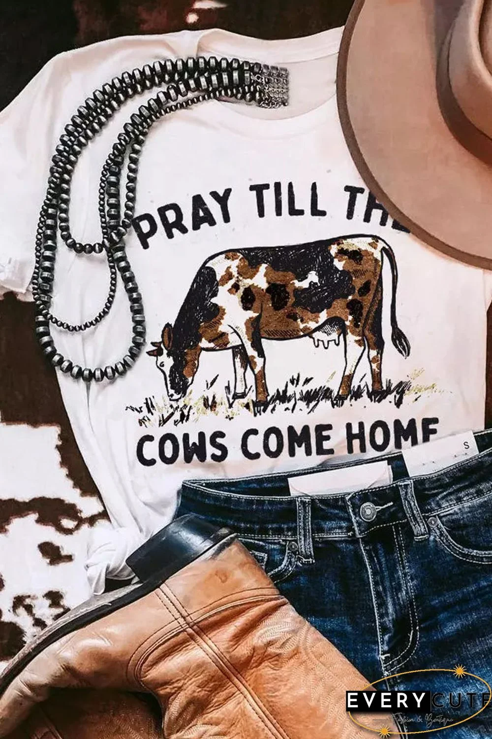 White Pray Till The Cows Come Home Graphic T Shirt