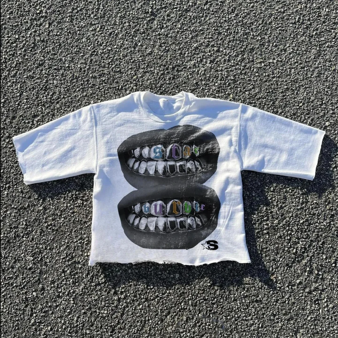 Aonga Summer Pure Cotton Oversized Teeth Graphic T Shirts for Men Women Y2k Top Hip Hop Harajuku Fashion Round Neck Pure Short Sleeves aonga