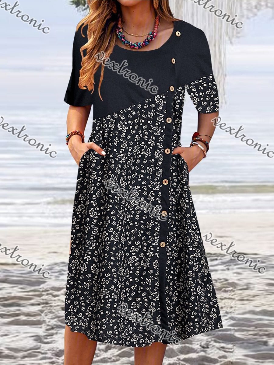 Women Black Short Sleeve Scoop Neck Printed Midi Dress