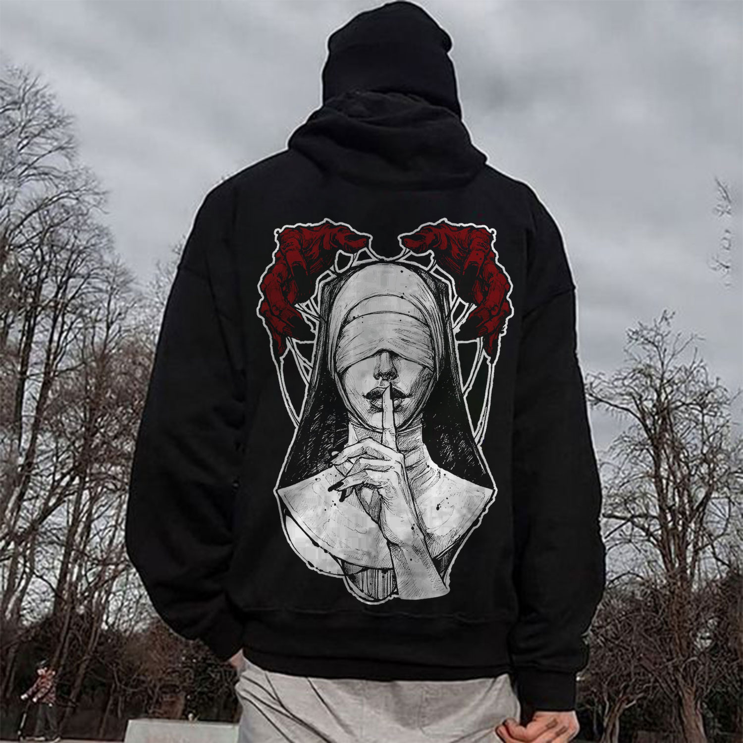 Shush Blindfolded Nun Graphic Casual Black Print Hoodie