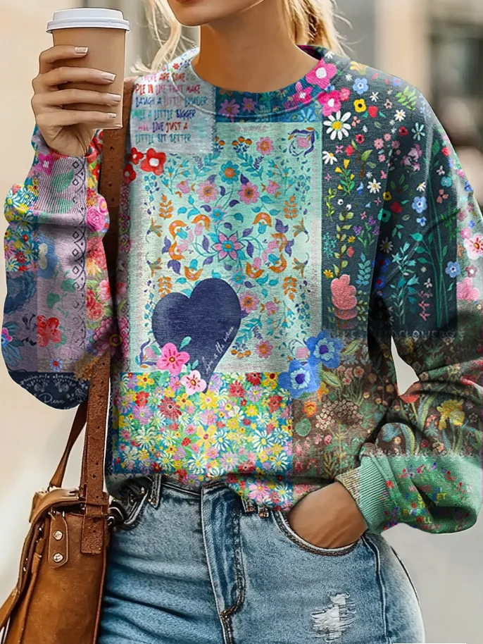 Heart Flower Patchwork Art Print Casual Sweatshirt