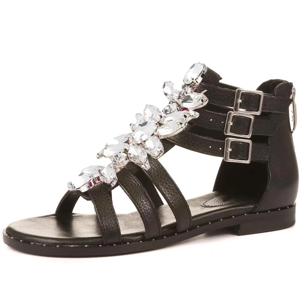Black Leather Strapy Sandals With Rhinestone Flower Flats Gladiator Sandals  Nicepairs