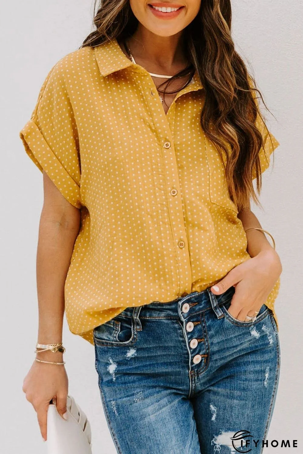 Yellow Rolled Short Sleeve Polka Dot Print Shirt | IFYHOME