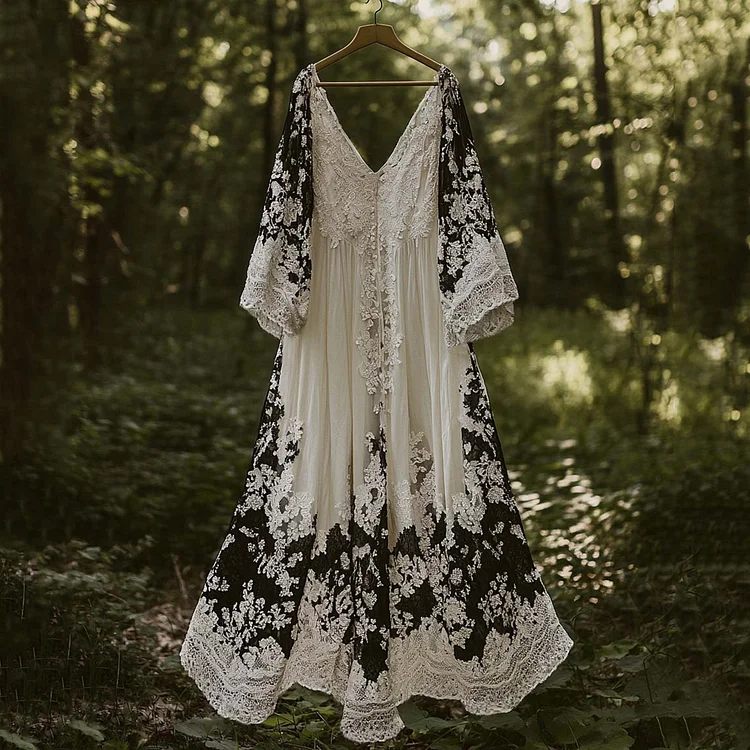 Vintage Floral Embroidered Pattern Linen Flowy Contrast Color Maxi Dress