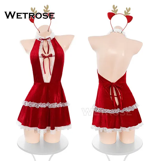 Wetrose] In Stock Sexy Christmas Playing Lingerie Hot Passion Suit Opening  Lingerie For Women Snap Crotch Corset Underwear Cosplay Costume Outfit