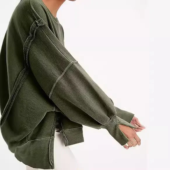 Nigikala Nigikala Women's Clothing 2025 Autumn And Winter New Women's Large Round-Neck Sweatshirt Side Open Fork Long-Sleeved Sweater