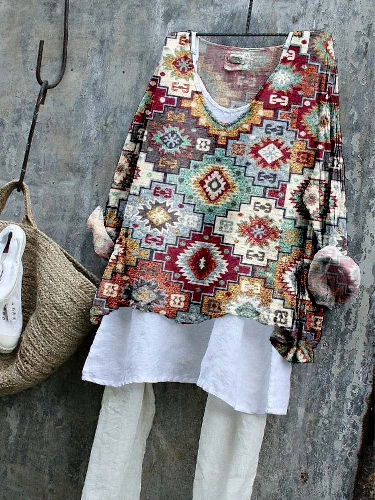 Vintage Ethnic Pattern Linen Blend Flowy Tunic