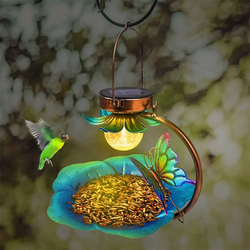 Outdoor Metal Bird Feeder Garden Hanging Solar Lamp