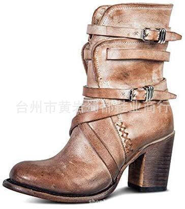 VCSHOES Leather Belt High Chunky Heel Calf Boots