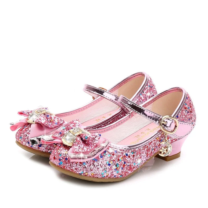Glitter Kids Leather Shoes for Girls Halloween Carnival Cosplay Princess Shoes Sequines Knot-Bow High Heel Dancing Girls Shoes