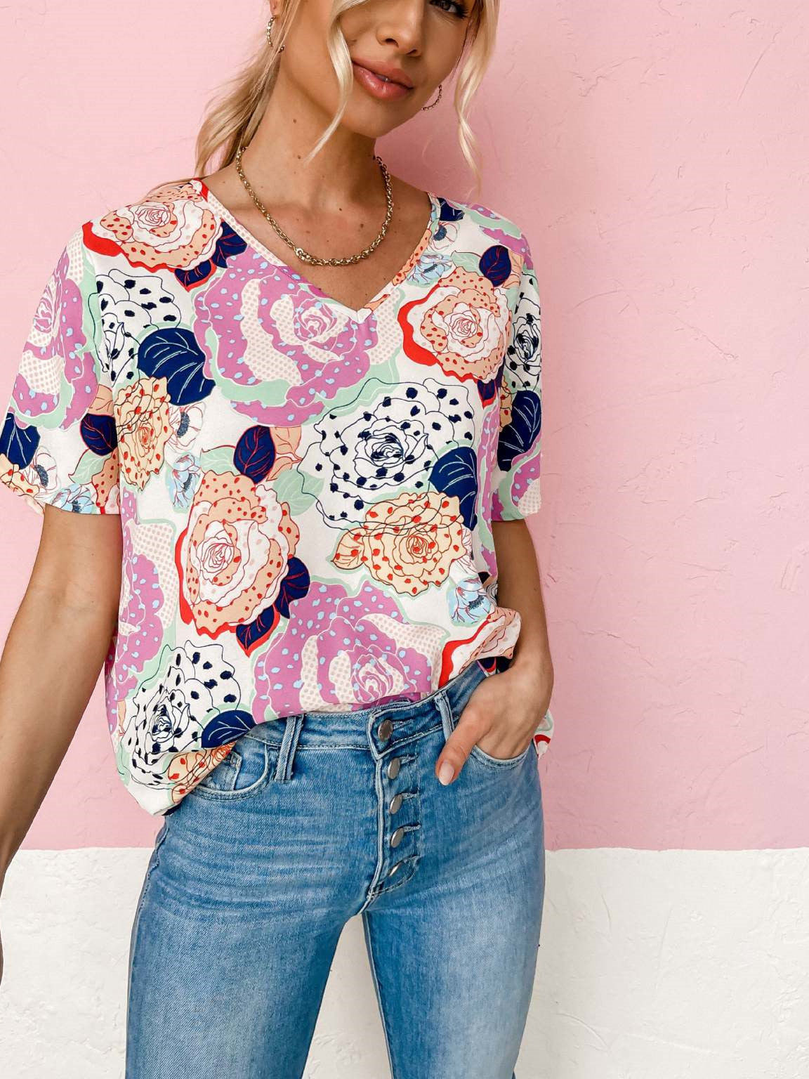 Women Long Sleeve V-neck Graphic Floral Printed Top