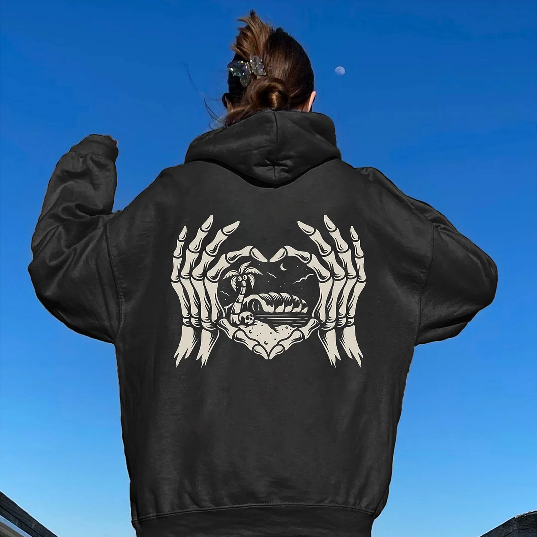 Heart Gesture Sunshine Beach Causal  Black Print Hoodie