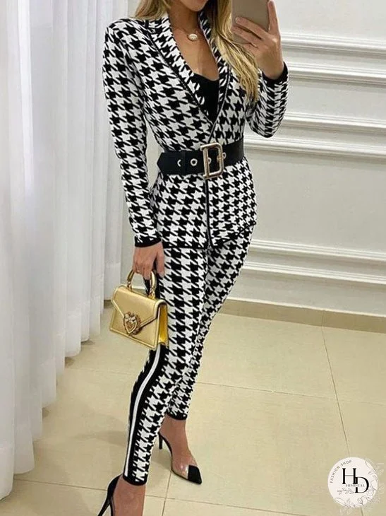 Women's Sets Houndstooth Print Jacket & Pants Two-Piece Set