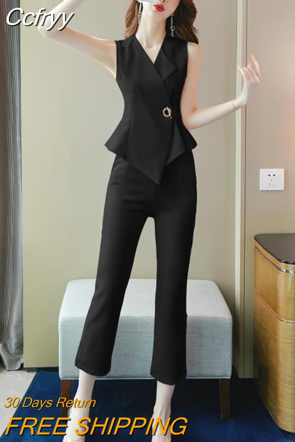 huibahe Summer Office Two Piece Suit Set Women Sleeveless Blouse + Pants Suits Workwear Fashion Elegant Ladies Matching Set