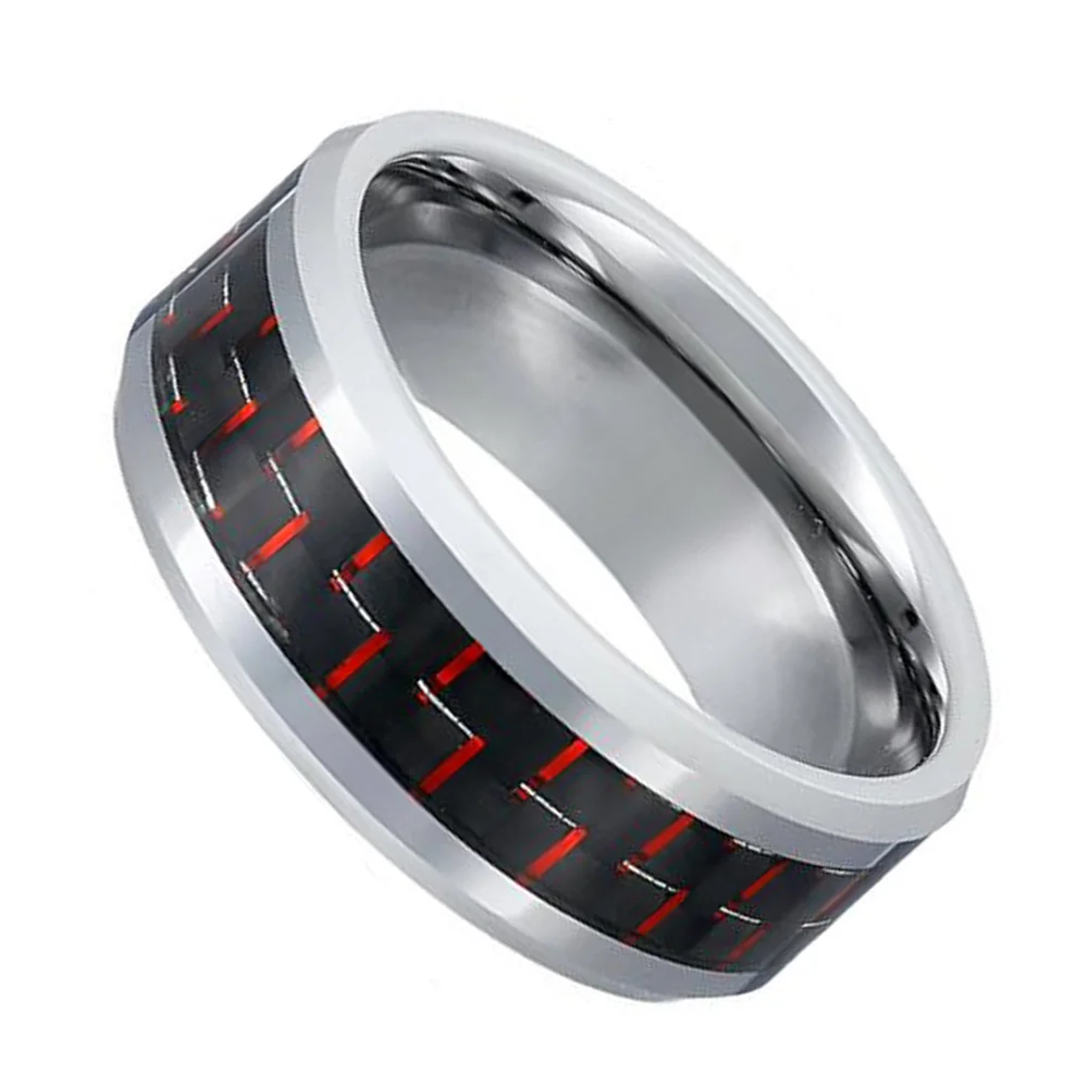 6MM 8MM Tungsten Rings Black And Red Carbon Fiber Inlay Silver Beveled Edge