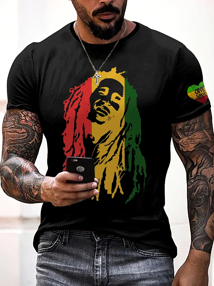 Wearshes Reggae Lion Print Casual Cozy Short Sleeve T-Shirt