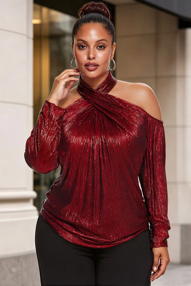 Xpluswear Design Plus Size Daily Red Halter Collar Long Sleeve Cut Out Metallic Knit Blouses [Pre-Order] 2024 - Xpluswear
