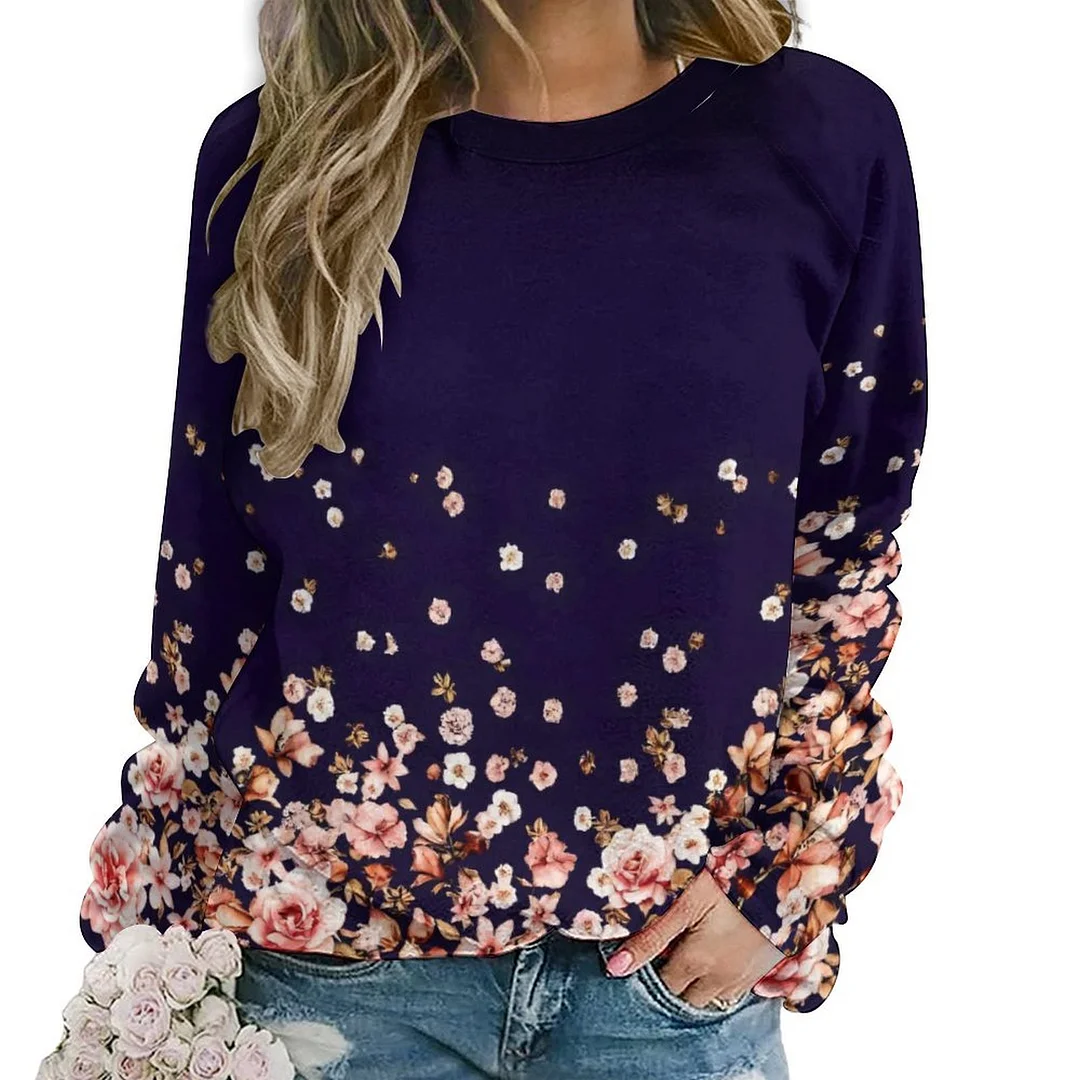Printed Long Sleeve Casual Sweatshirt for  Women and Men Unisex Pattern Floral, Pink, Black