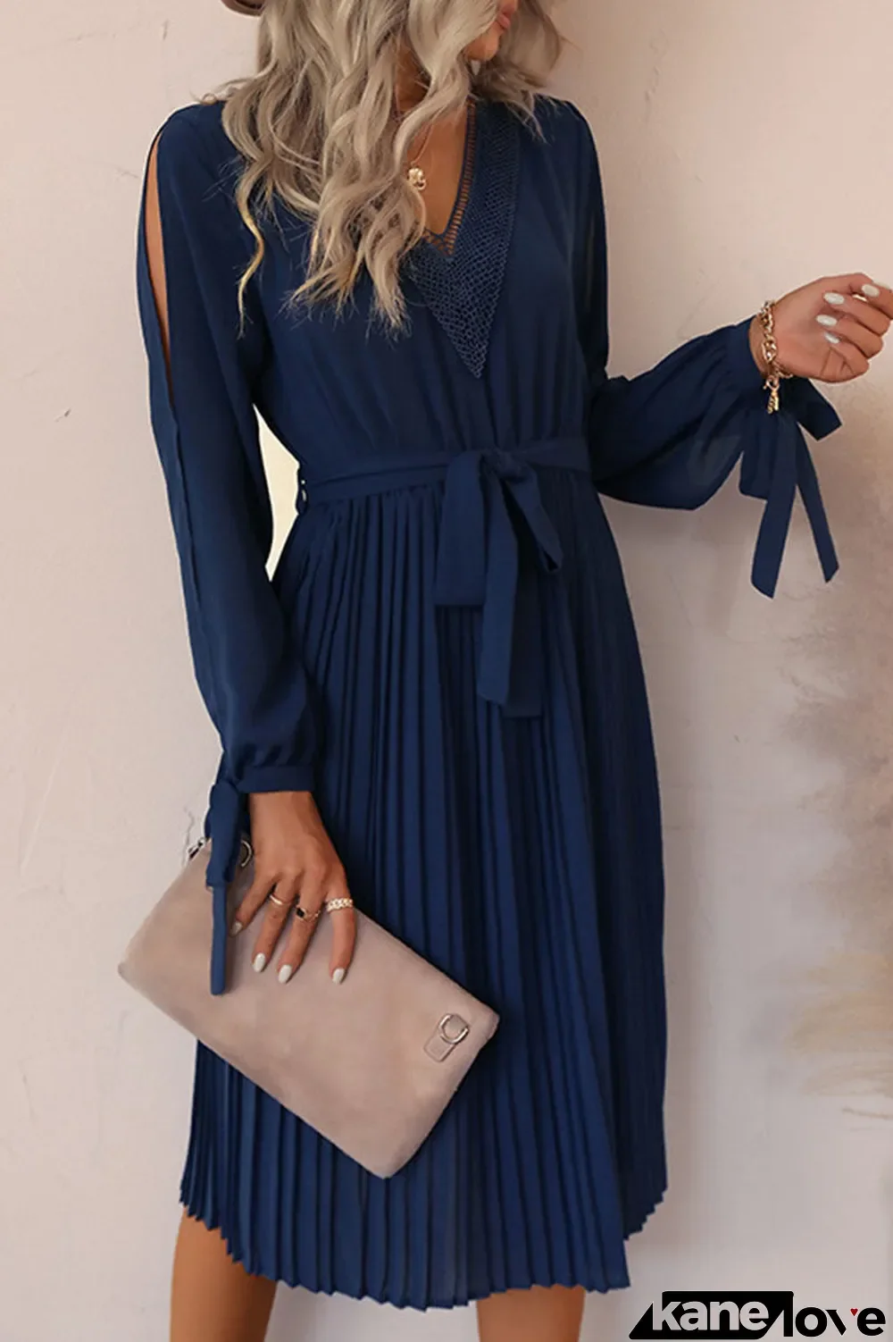 Elegant Solid Bandage Hollowed Out Fold V Neck Pleated Dresses