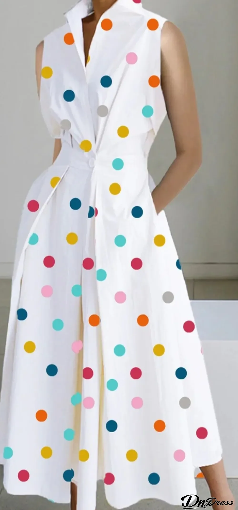 Summer Career Fashion Polka Dot V Neck Ladies Button Mermaid Dress
