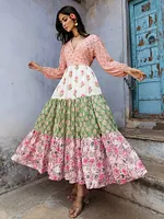 Women's Vintage Floral Patchwork Comfy Linen V-neck Spring Dress