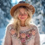 Vintage Floral Knit Embroidered Art Women's Crew Neck Sweater - Image 2