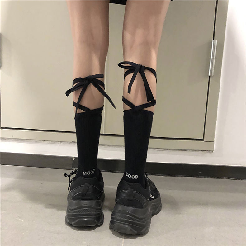 LANFUBEISI Japanese Reflective Stockings Bandage Lolita Socks Long Knee Socks Korea Style Women White Cotton Socks Cosplay JK Socks Cute LANFUBEISI