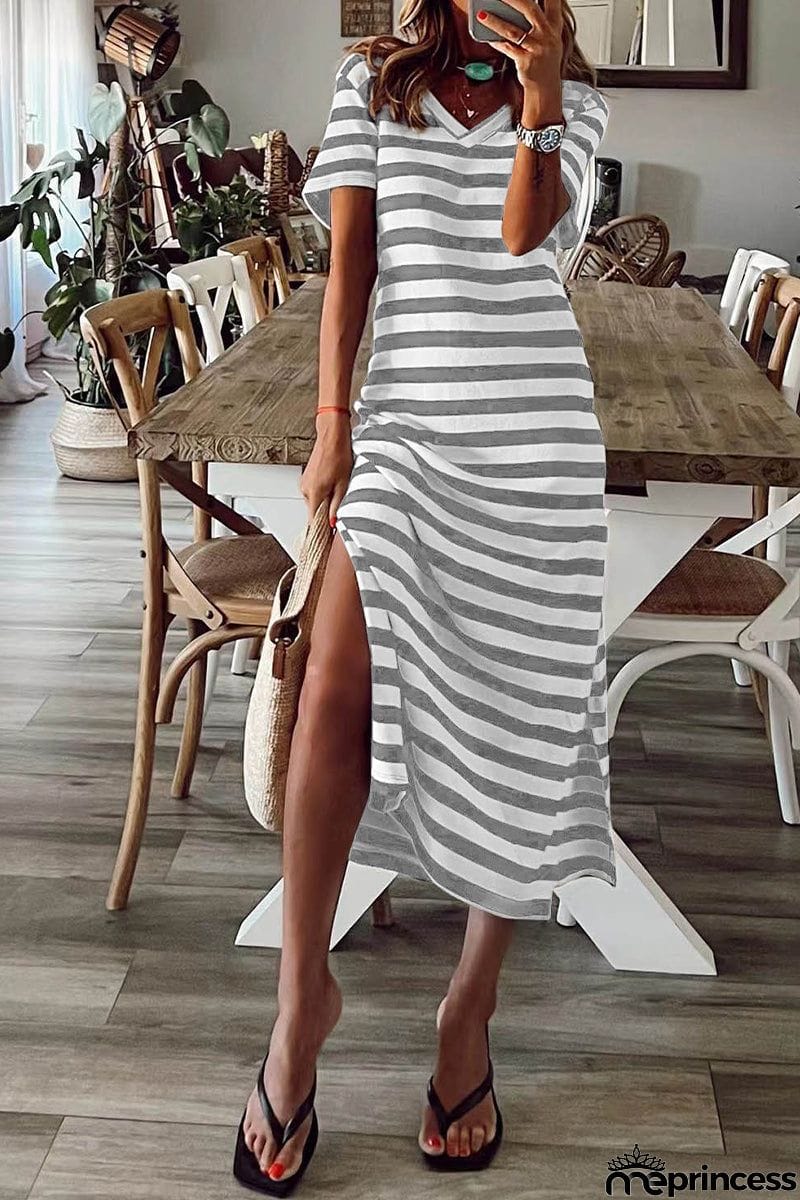 Casual Striped Patchwork V Neck A Line Short Sleeve Dress