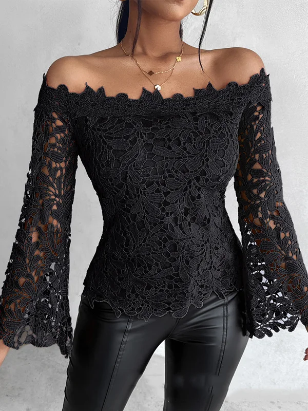 Hollow Solid Color Flared Sleeves Long Sleeves Off-The-Shoulder T-Shirts Tops
