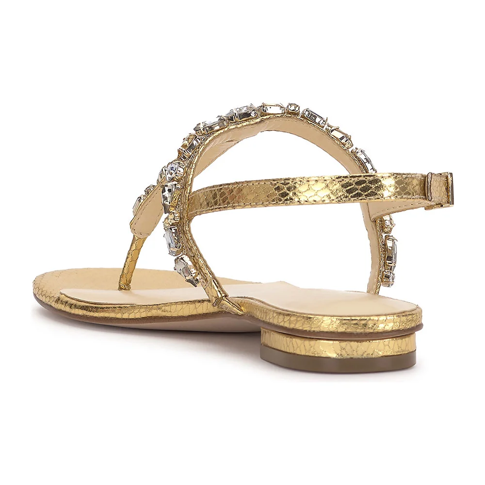 Metallic Snakeskin Print Round Toe Buckle Flat Rhinestone Gold Sandals