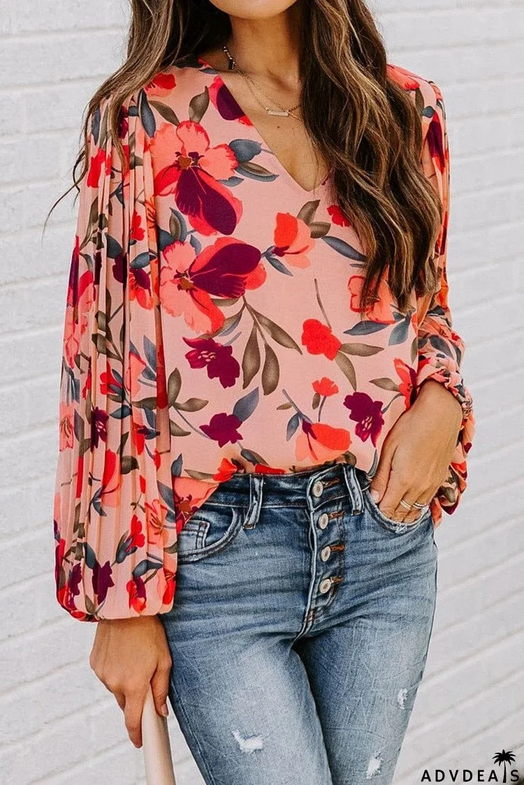 Floral Pleated Balloon Sleeve Blouse