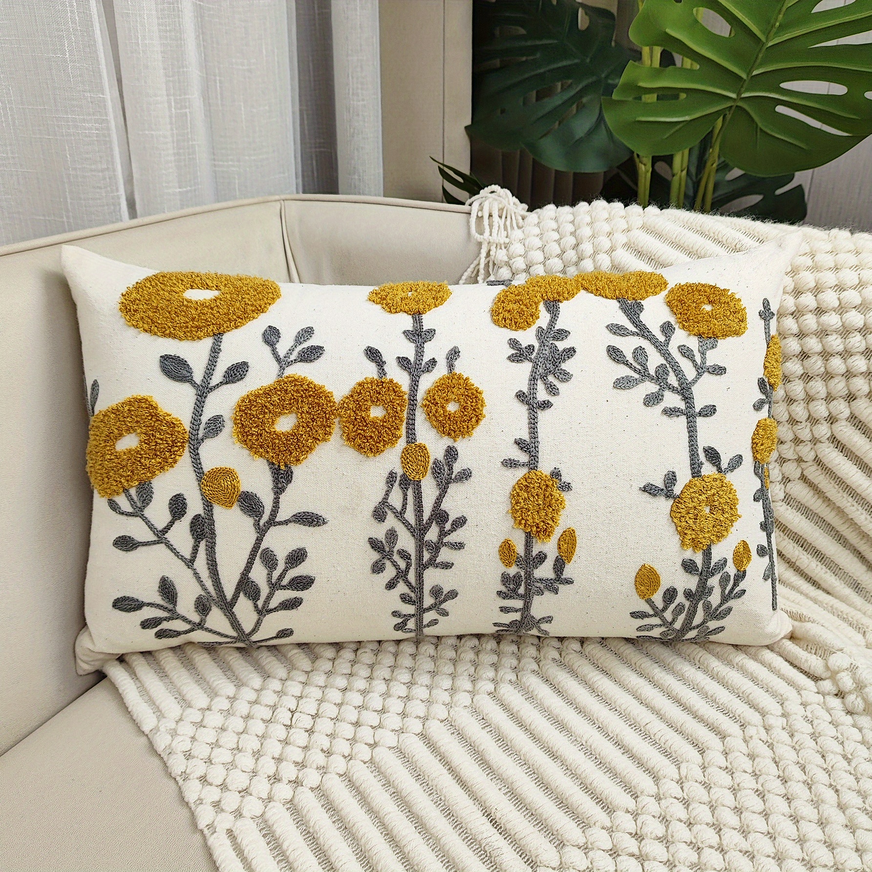 1pc Boho Floral Tufted Decorative Throw Pillow Cover - Embroidered Cotton Cushion Cover for Couch, Sofa, and Bed - Soft and Stylish