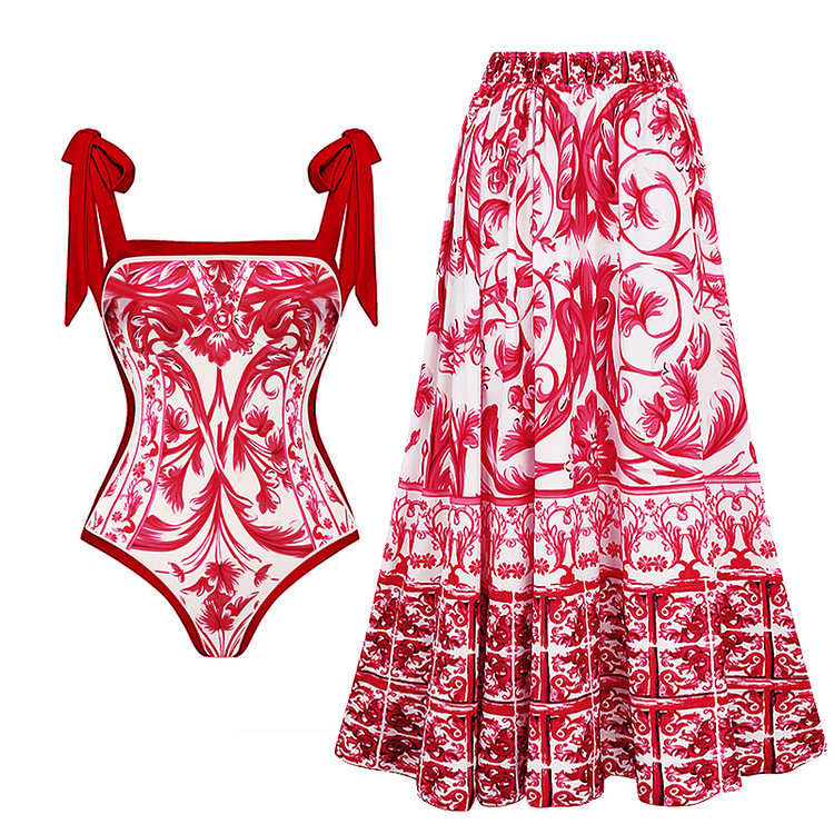 Reversible Tie-shoulder Baroco Style Printed One Piece Swimsuit and Skirt Flaxmaker