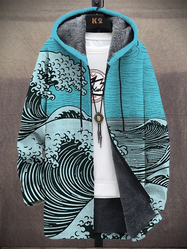 Men's Retro Lines Waves Japanese Art Print Fleece Lined Hooded Trench Coat