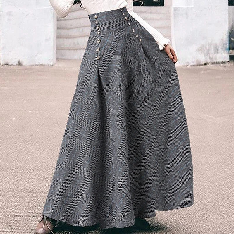 Jangj ZANZEA Vintage Women Spring High Waist A-line Party Skirt Jupe Stylish Holiday Maxi Skirts Faldas Saia Plaid Checked Long Skirts