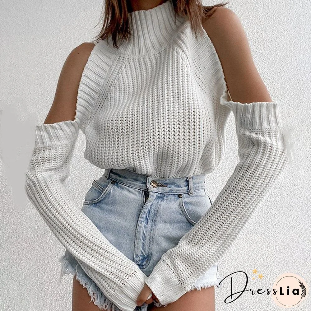 Woman Autumn Fashion Sexy Cold Shoulder High Neck Long Sleeve White Trending Vintage Sweater Festival Cute Lady Casual Tops
